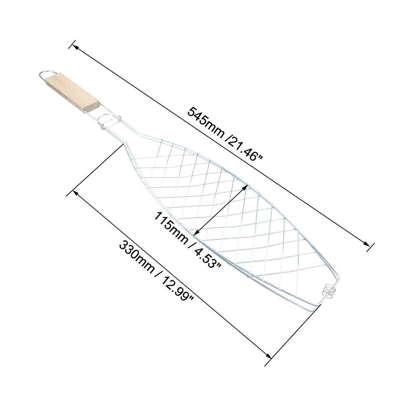 Stainless Steel Fish Grill Basket 21.46", Wood Handle, BBQ Grilling Roast Basket - 21.46" x 4.53"(L*W)