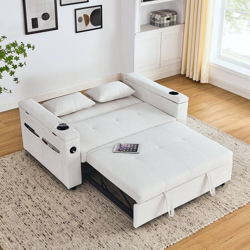 54" Multi-functional Chenille Sofa Bed with Cup Holder and USB Port for Living Room