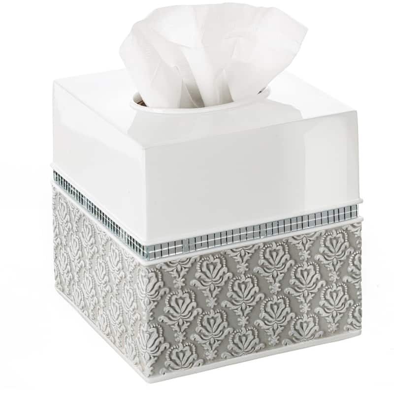 Creative Scents Mirror Damask White & Gray Square Tissue Box Cover