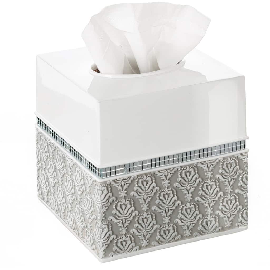 Creative Scents Mirror Damask White & Gray Square Tissue Box Cover