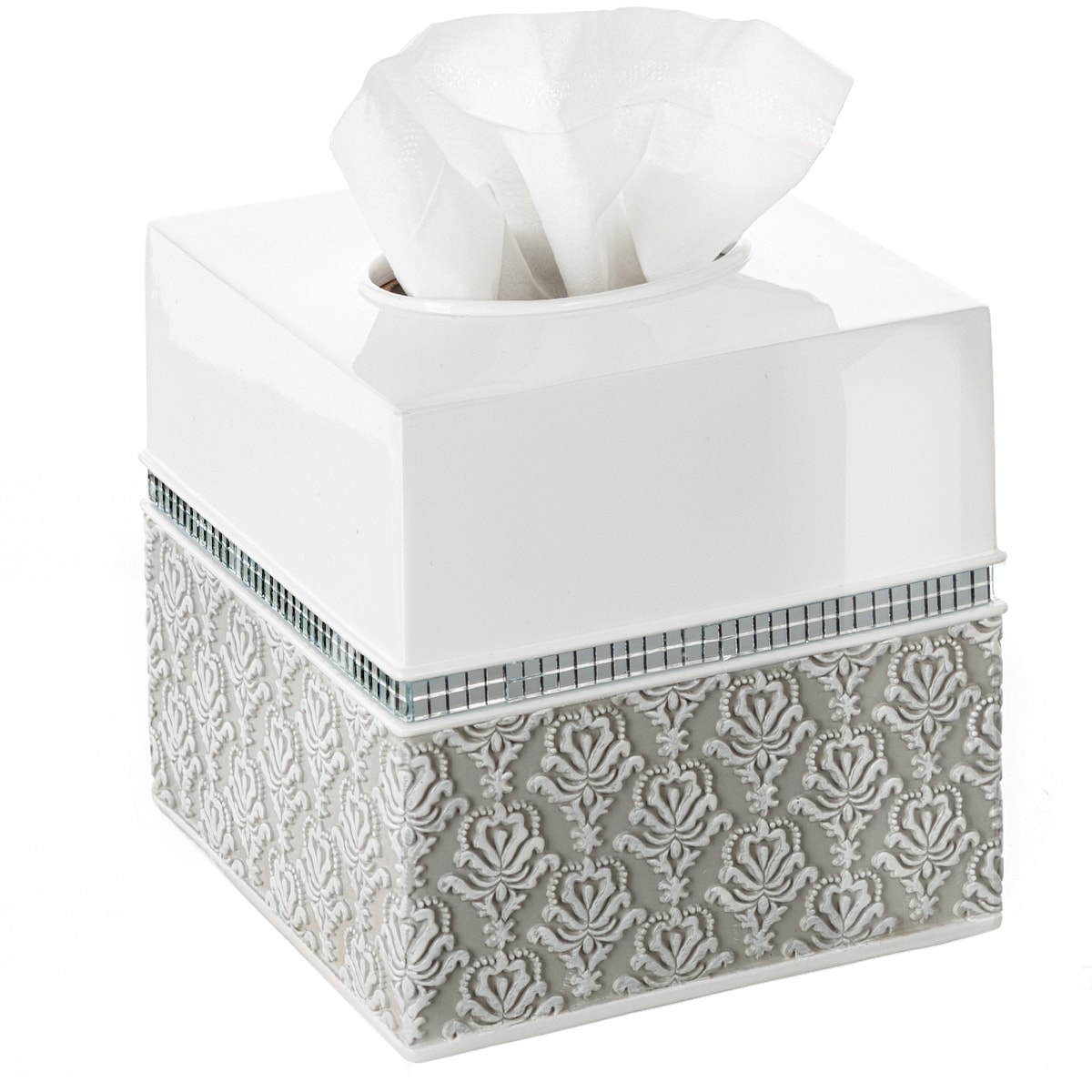 Creative Scents Mirror Damask White & Gray Square Tissue Box Cover