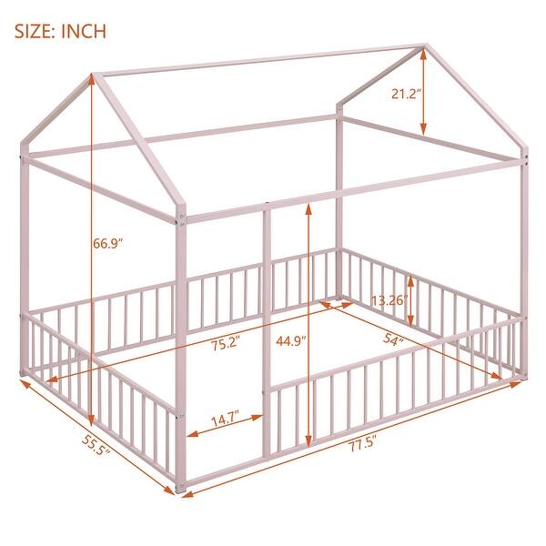 dimension image slide 1 of 2, Full Size Metal House Bed Frame with Roof and Fence, Playhouse Design for Kids and Teens, Sturdy and Fun Sleeping Space