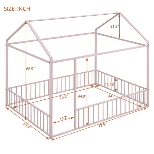 dimension image slide 0 of 3, Metal Full Size Floor Bed with Fence and Semi-enclosed House Roof