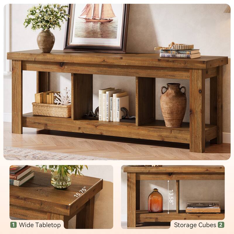 63" Solid Wood TV Stand for 75/65/60/55-Inch TVs, Farmhouse Entertainment Center with 3 Shelves, Rustic Brown