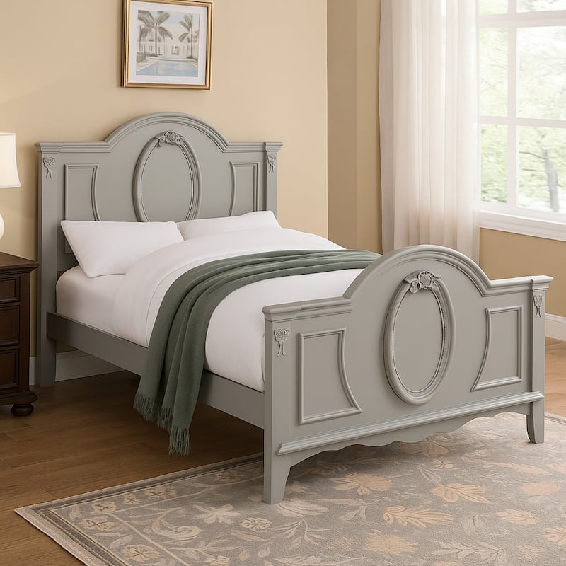 Auri Full Size Bed, Arch Headboard, Rope Molding w Floral Motifs, Gray