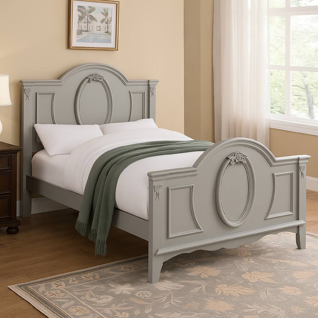 Auri Full Size Bed, Arch Headboard, Rope Molding w Floral Motifs, Gray