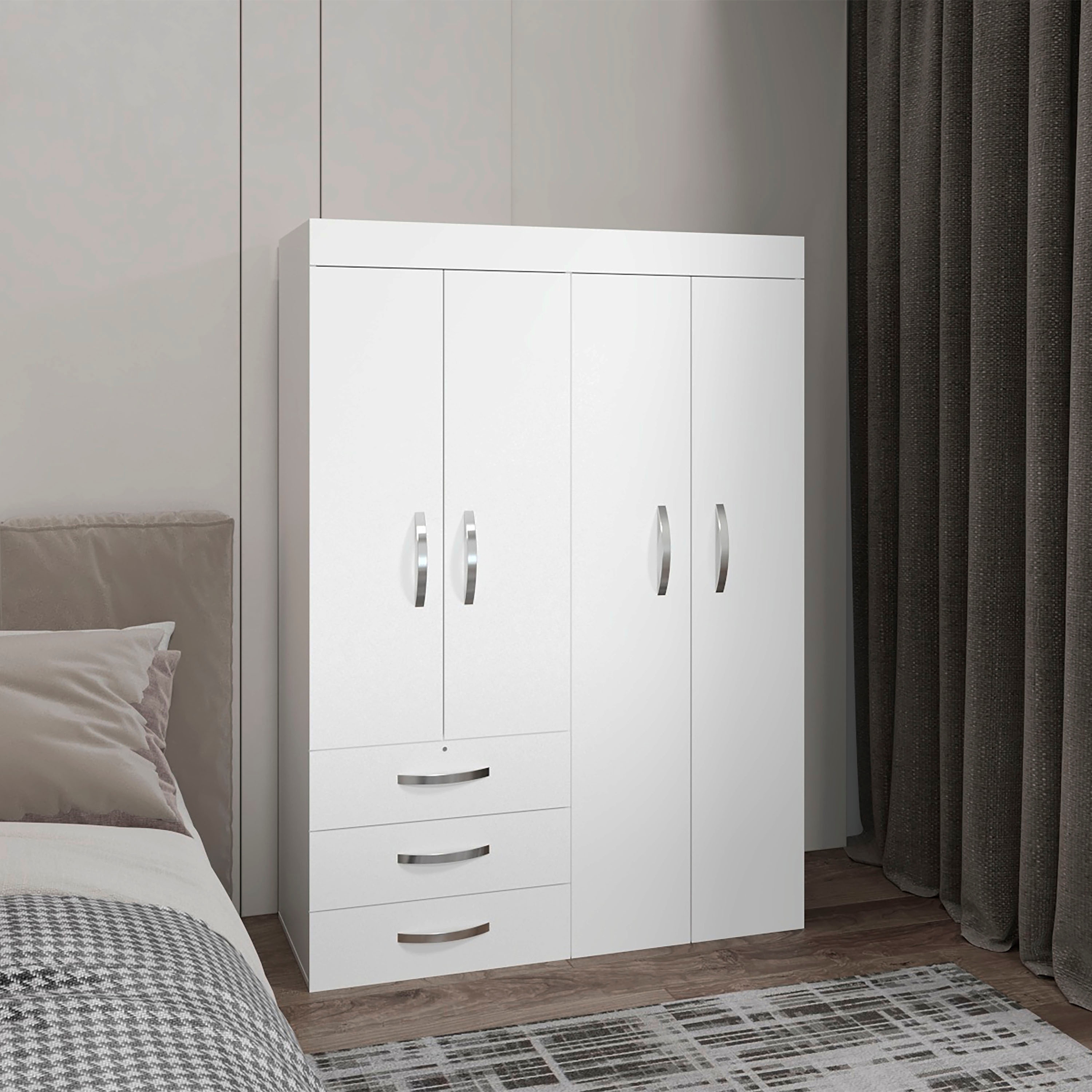 Adjustable Armoire, Rods,Double Door Cabinet, Three Drawers,Two Shelves White