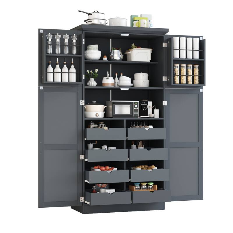 Tall Kitchen Pantry Cabinet with Pull-Out Trays - 35.5" 4-Door Storage Unit, Adjustable Shelves for Dining Room