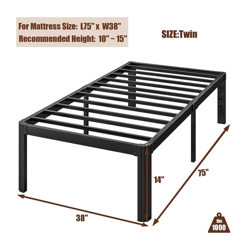 14" Heavy Duty Metal Bed Frame with Round Corners, Box Spring Not Required, Noise Free