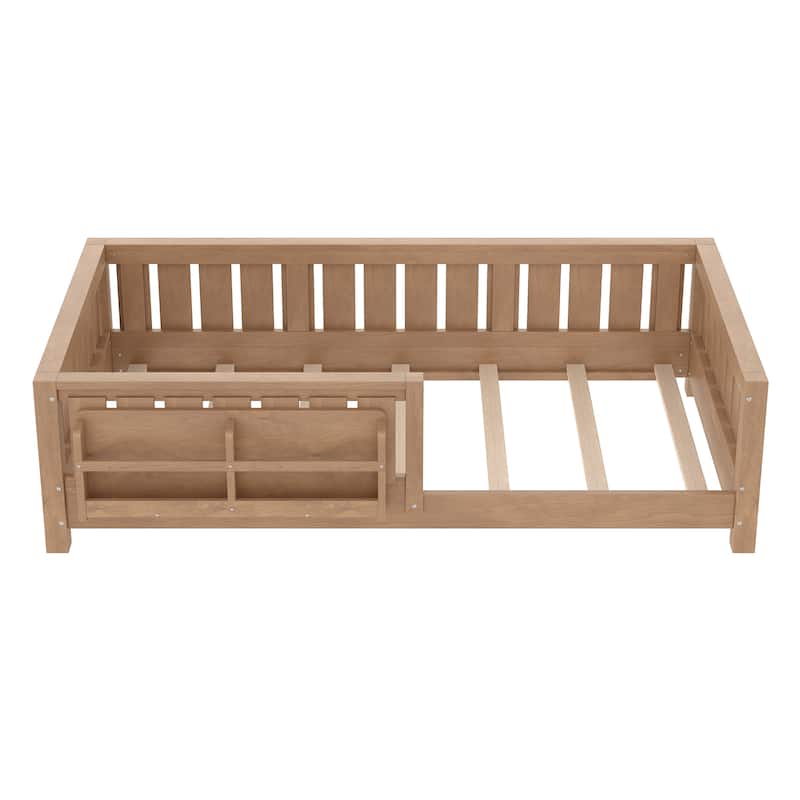Low Profile Montessori Bed Floor Platform Bed with Fence and Bookshelf
