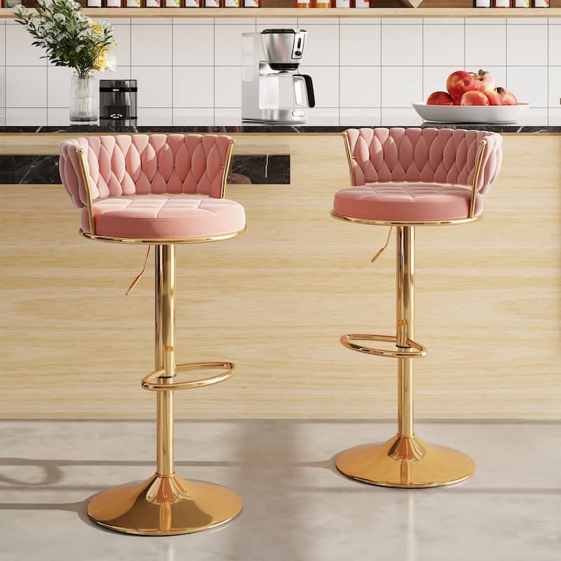 Javlergo 4 Colors Bar Stools Set of 2 Elegant Velvet Swivel Bar Stools with Adjustable Height Woven Back & Golden Base