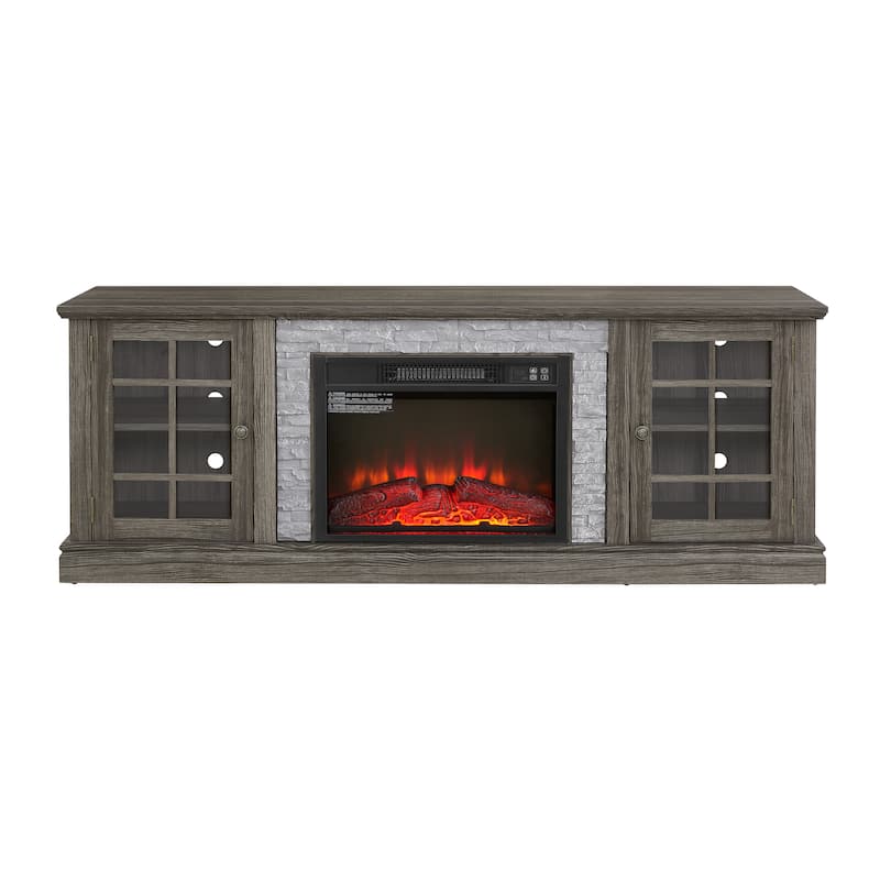 Fireplace TV Stand with 23" Electric Fireplace, Faux Stacked Stone Surround Media Cabinet TV Console for TVs up to 75"