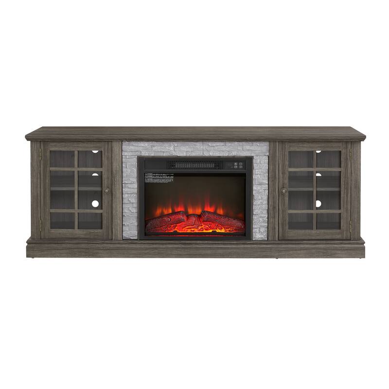 GDFStudio Thatch Wood 70" TV Stand with Faux Stacked Stone Fireplace and 2 Door Storage