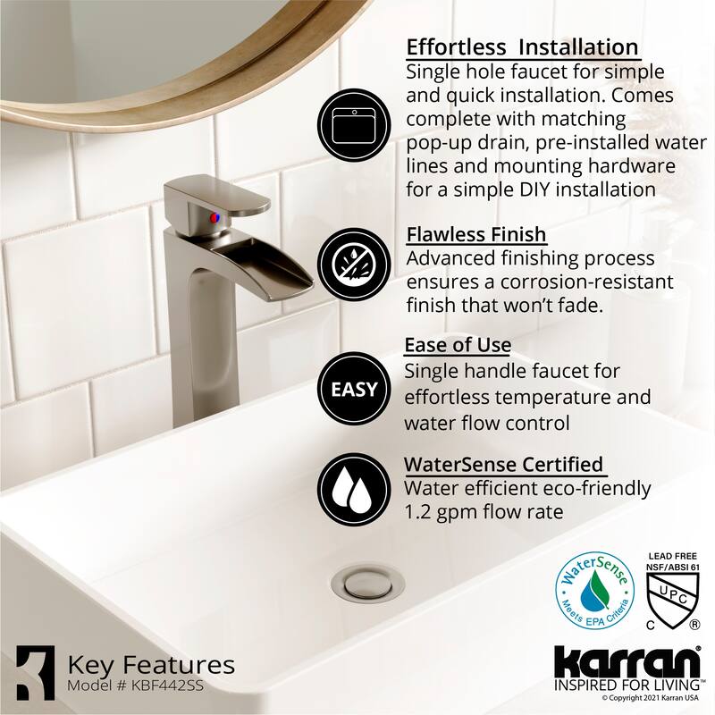 Karran Kassel Single Hole Single Handle Vessel Bathroom Faucet with Matching Pop-up Drain