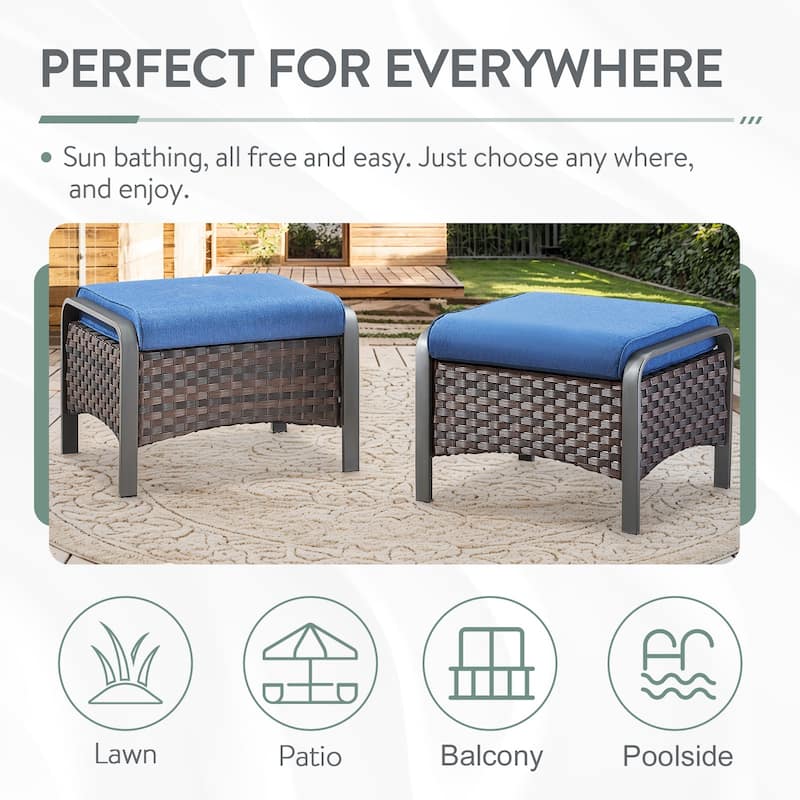 Outdoor Footstool with Removable Olefin Cushions - Blue Cushion - Brown