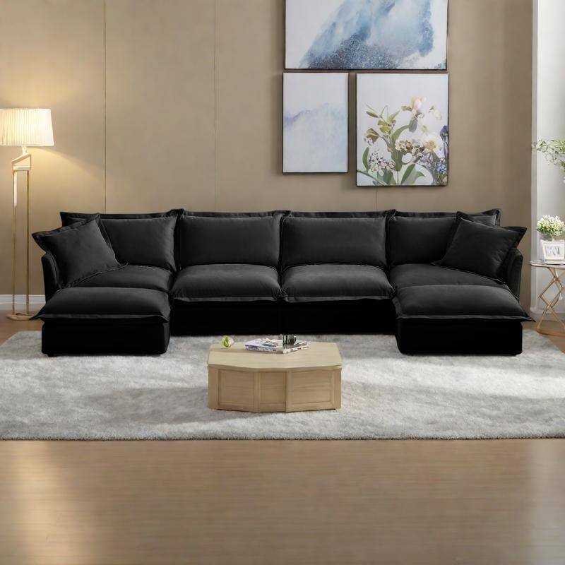 156.6" Chenille U-Shaped Sectional with 4-Seater and French Edge Pillows & Cloud Cushions - Black