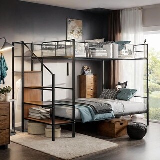 Multi-Functional Twin Over Full Metal Bunk Bed with Wire Shelving and LPractical Step Ladder and Built-in Wardrobe