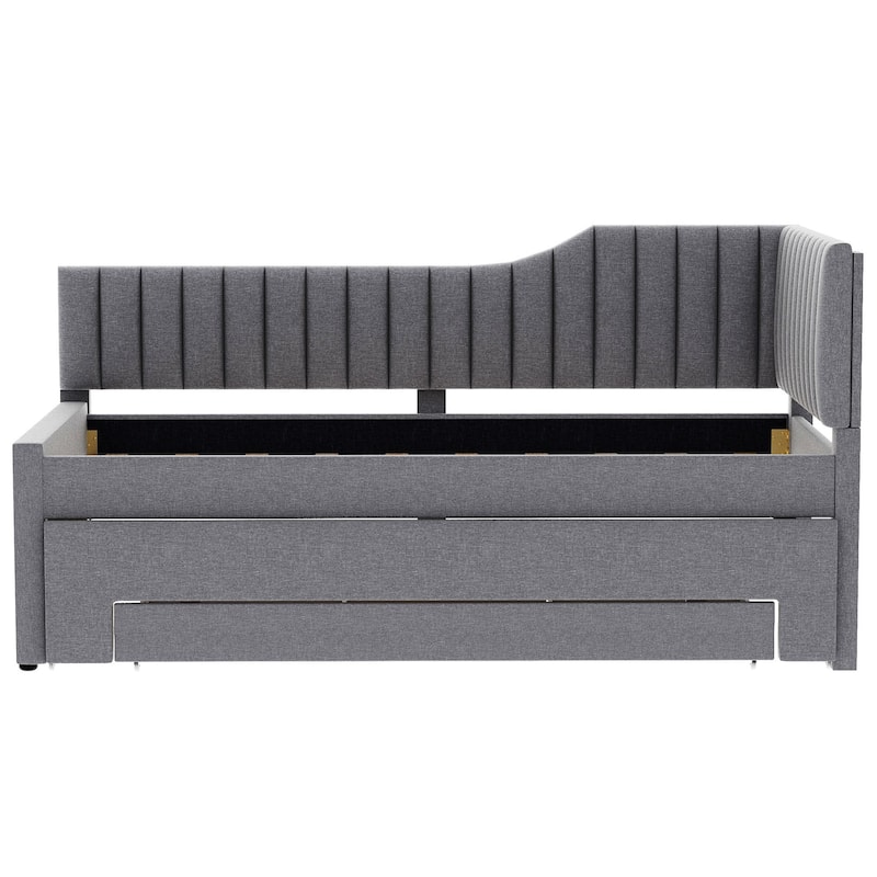 Twin Size Daybed Bed Frame with Linen Upholstered Backrest and Three Drawers, Pull-out Trundle Bed w/Slatted Support