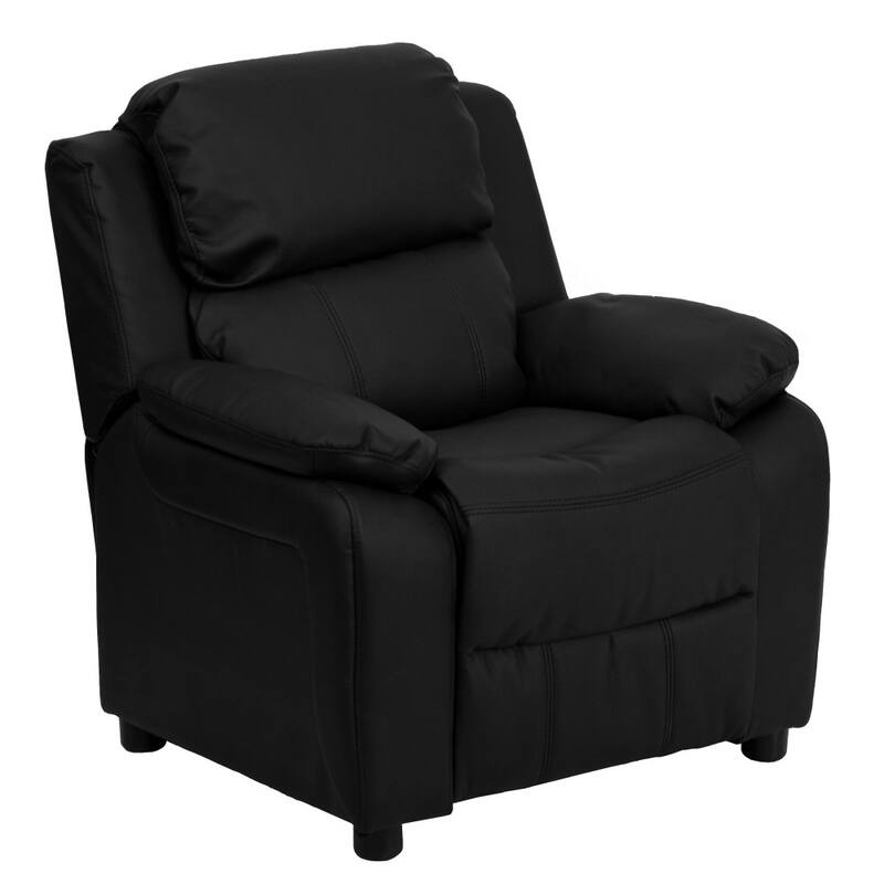 Deluxe Padded Contemporary Kids Recliner with Storage Arms - Black Leather