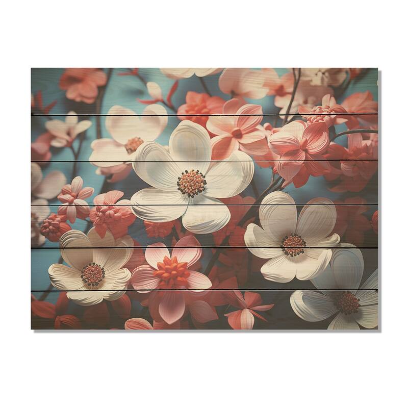 Designart "White And Pink Dogwood Blossoms" Dogwood Wood Wall Decor - Traditional Pink Wood Panel On Natural Pine Wood