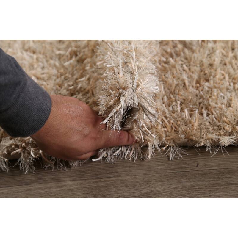 Hand Knotted Oriental Polyester Carpet Modern Contemporary Beige & Ivories Shaggy Area Rug - 7' 5'' X 5' 3''