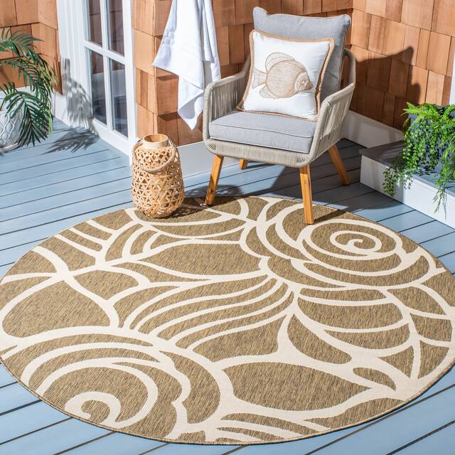 SAFAVIEH Courtyard Lorrayne Floral Geo Indoor/ Outdoor Area Rug - 6'7" x 6'7" Round - Coffee/Sand