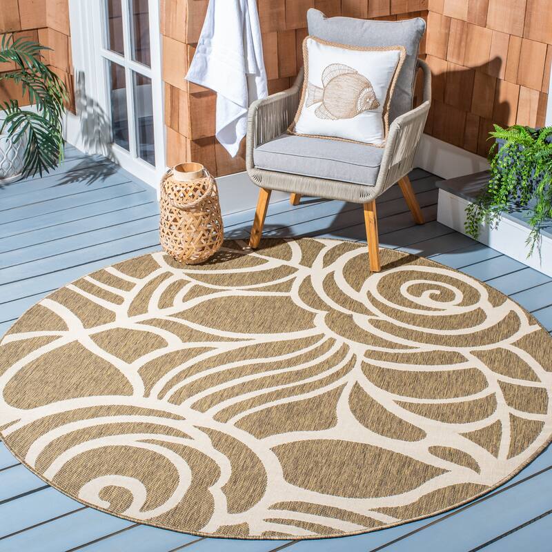 SAFAVIEH Courtyard Lorrayne Floral Geo Indoor/ Outdoor Area Rug - 6'7" x 6'7" Round - Coffee/Sand