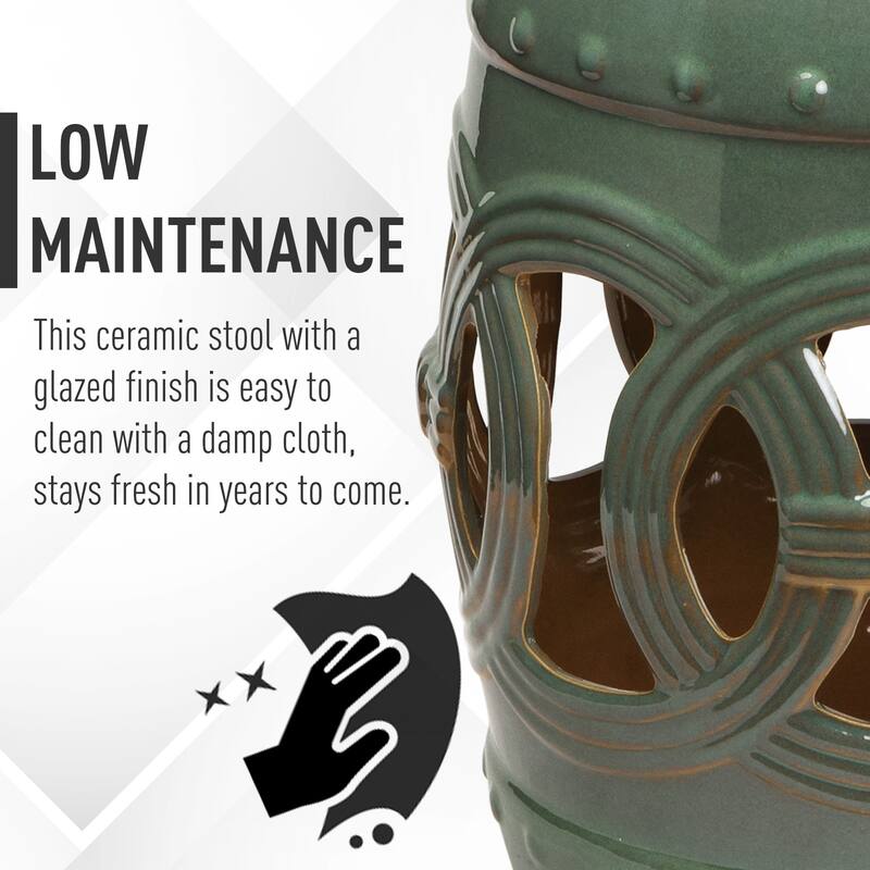 Outsunny 14" x 17" Ceramic Side Table Garden Stool with Knotted Ring Design & Glazed Strong Materials, Green