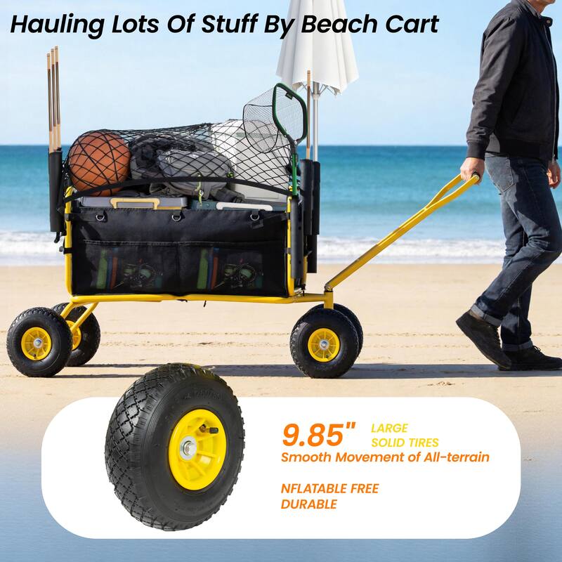 Beach Cart Collapsible Wagon 9.85"All-Terrain Wheels,Heavy Duty Garden Cart with Rod Holders,Umbrella Holder and Storage Pockets