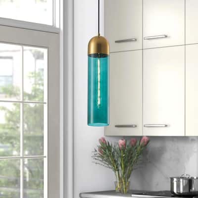 1-Light Green Cylinder Glass Pendant Lighting - 3.9"D×4.3"W×75.5"H(Adjustable)