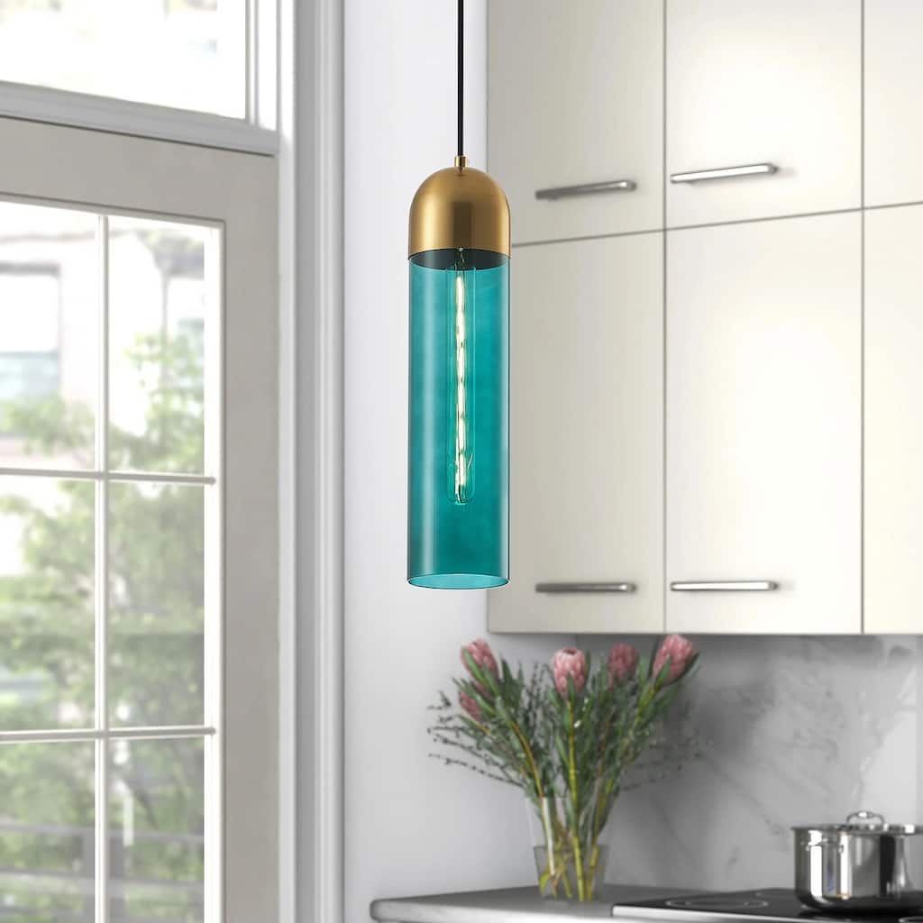 1-Light Green Cylinder Glass Pendant Lighting - 3.9"D×4.3"W×75.5"H(Adjustable)