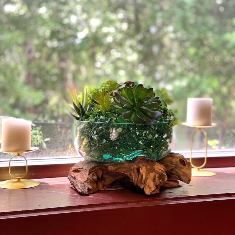 Molten Glass Bowl On Driftwood 10" Hand Blown Decorative Centerpiece