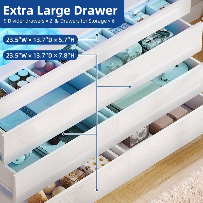 Moasis 4/8 Drawer Dresser Chest of Drawers Tempered Glass Top With LED Light