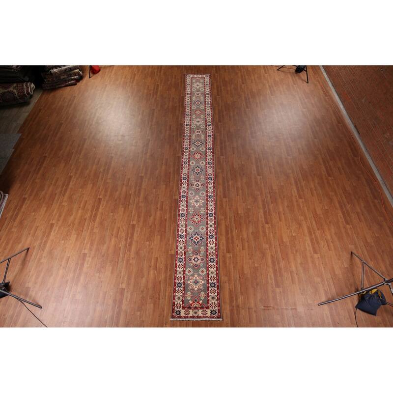 Geometric Kazak Runner Rug Hand-Knotted Oriental Grey Wool Carpet - 2'2" x 19'2"