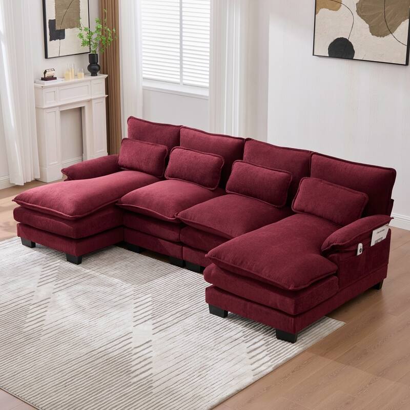 107.87" Modular Chenille Comfy Sectional Cloud Sofa with Double Chaise - Claret Red