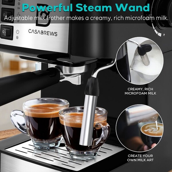 CASABREWS Compact Espresso Coffee Machine with Milk Frother Wand Black Silver