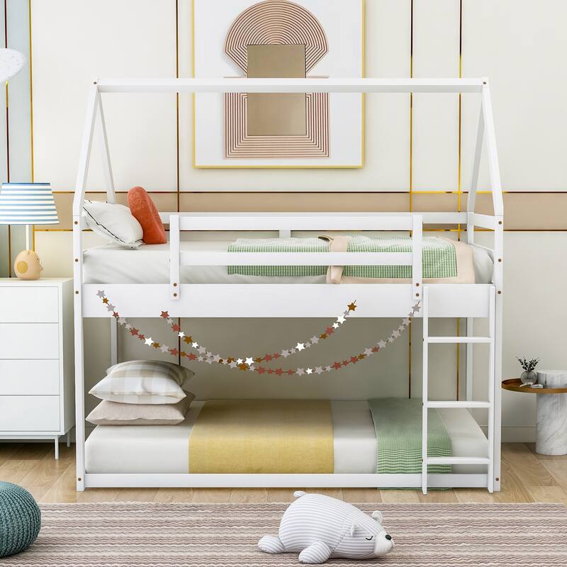 Modern Wood Bunk Beds Twin Size, Twin over Twin House Bed with Built-in Ladder, Montessori Floor Bunk Bed Frame with Guardrail