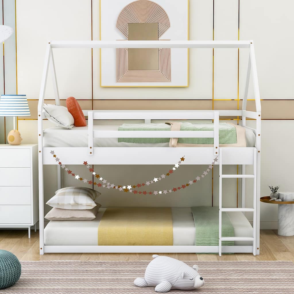 Twin Over Twin House Bunk Bed with Ladder, Low Bunk Design - White