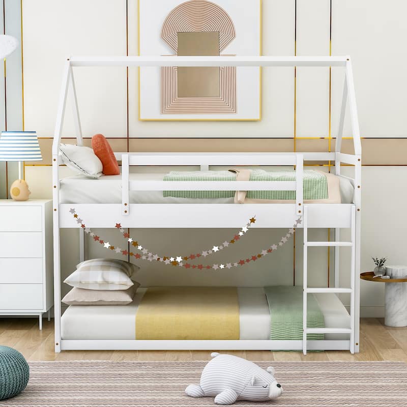 Twin Pine Low Bunk Bed with House Frame and Ladder