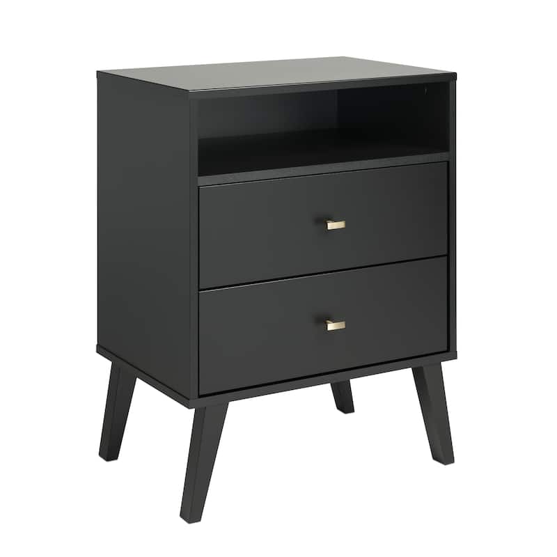 Prepac Milo Mid-Century Modern 2 Drawer Nightstand with Open Shelf, Bedside Table, Contemporary Bedroom Furniture