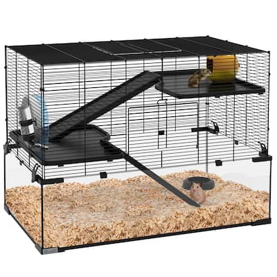 PawHut Large Hamster Cage with Deep Tempered Glass Bottom, 3 Tiers Hamster Tank with Running Wheel, Hut, Water Bottle, Dish