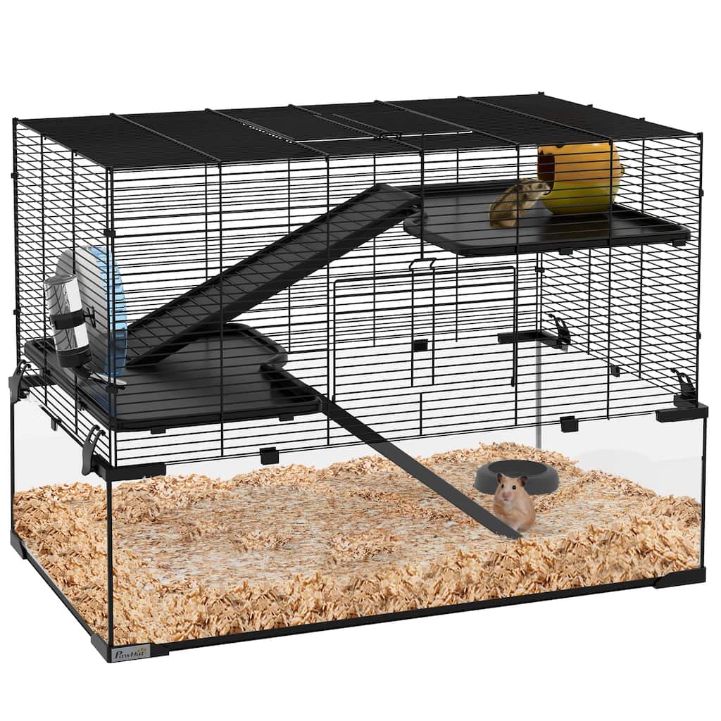 PawHut Large Hamster Cage with Deep Tempered Glass Bottom, 3 Tiers Hamster Tank with Running Wheel, Hut, Water Bottle, Dish