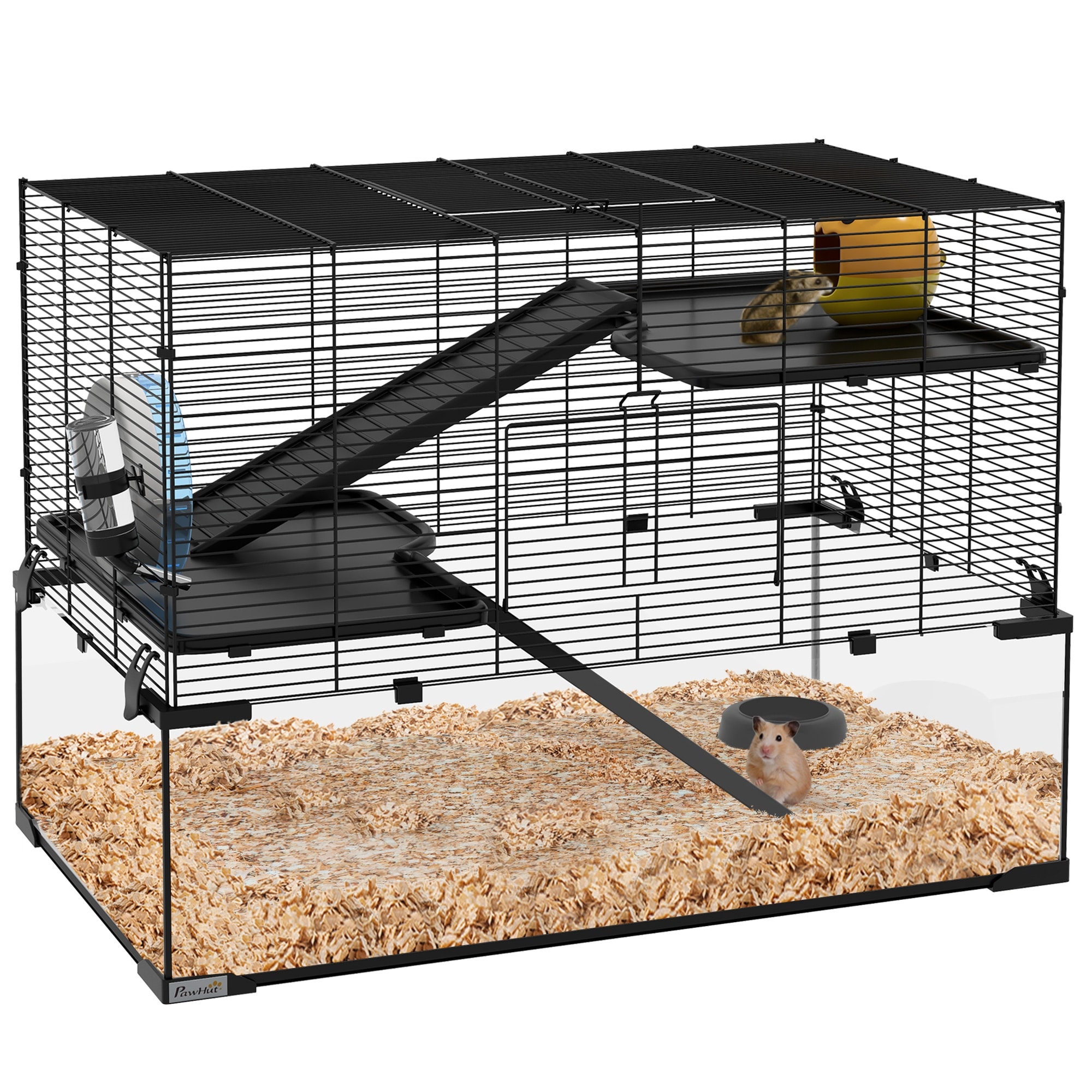 PawHut Large Hamster Cage with Deep Tempered Glass Bottom, 3 Tiers Hamster Tank with Running Wheel, Hut, Water Bottle, Dish