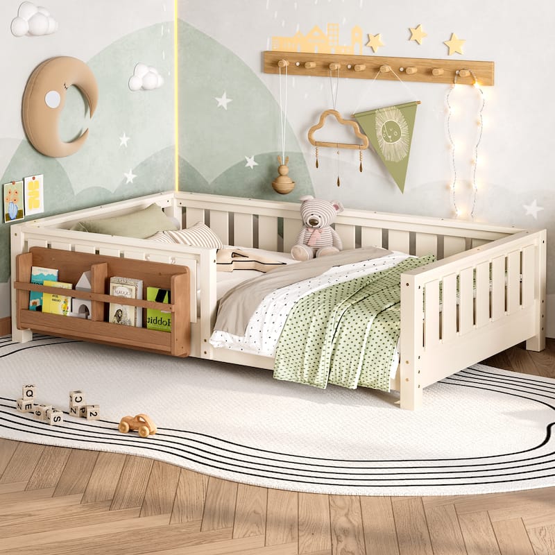 Montessori Floor Bed Low Profile Kids Bed with Rails & Bookshelf - Beige - Twin