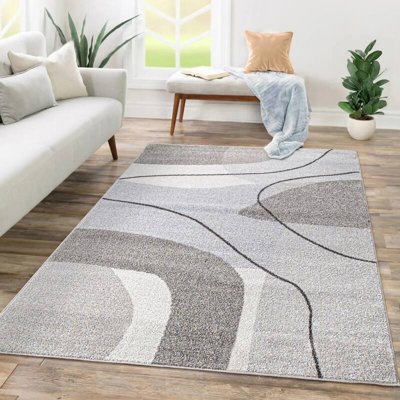 Modern Area Rug with Abstract Artful Pattern in Beige and Grey