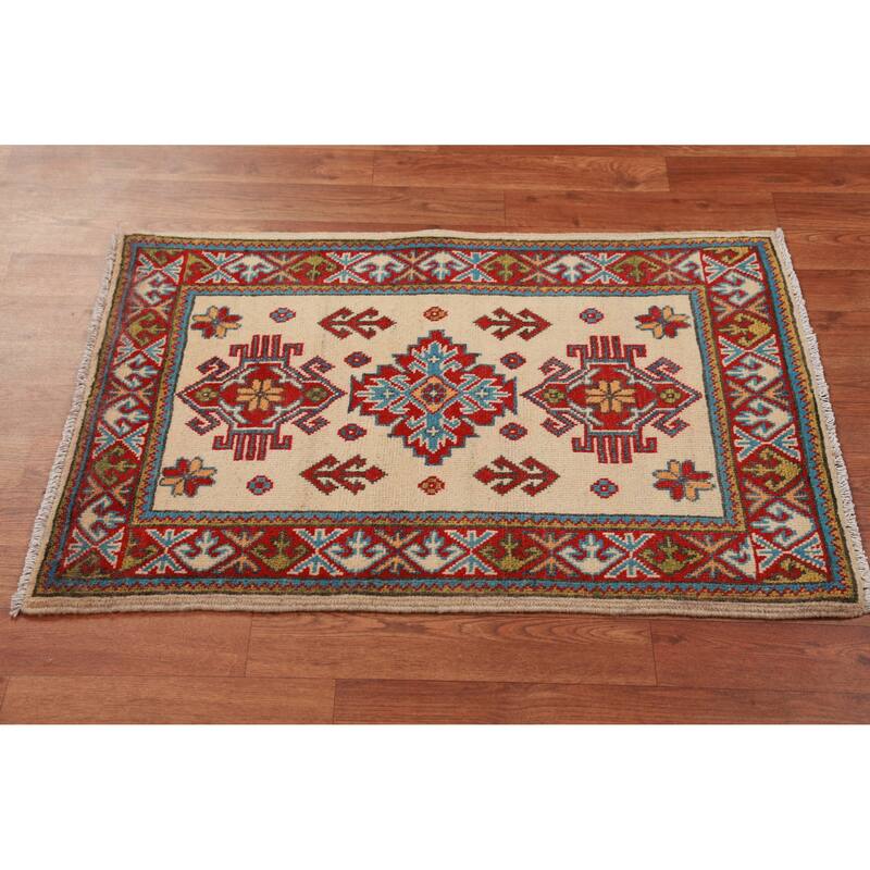 Geometric Kazak Oriental Rug Handmade Beige Wool Carpet - 2'0"x 3'0" - 2'0"x 3'0" - Ivory/Beige