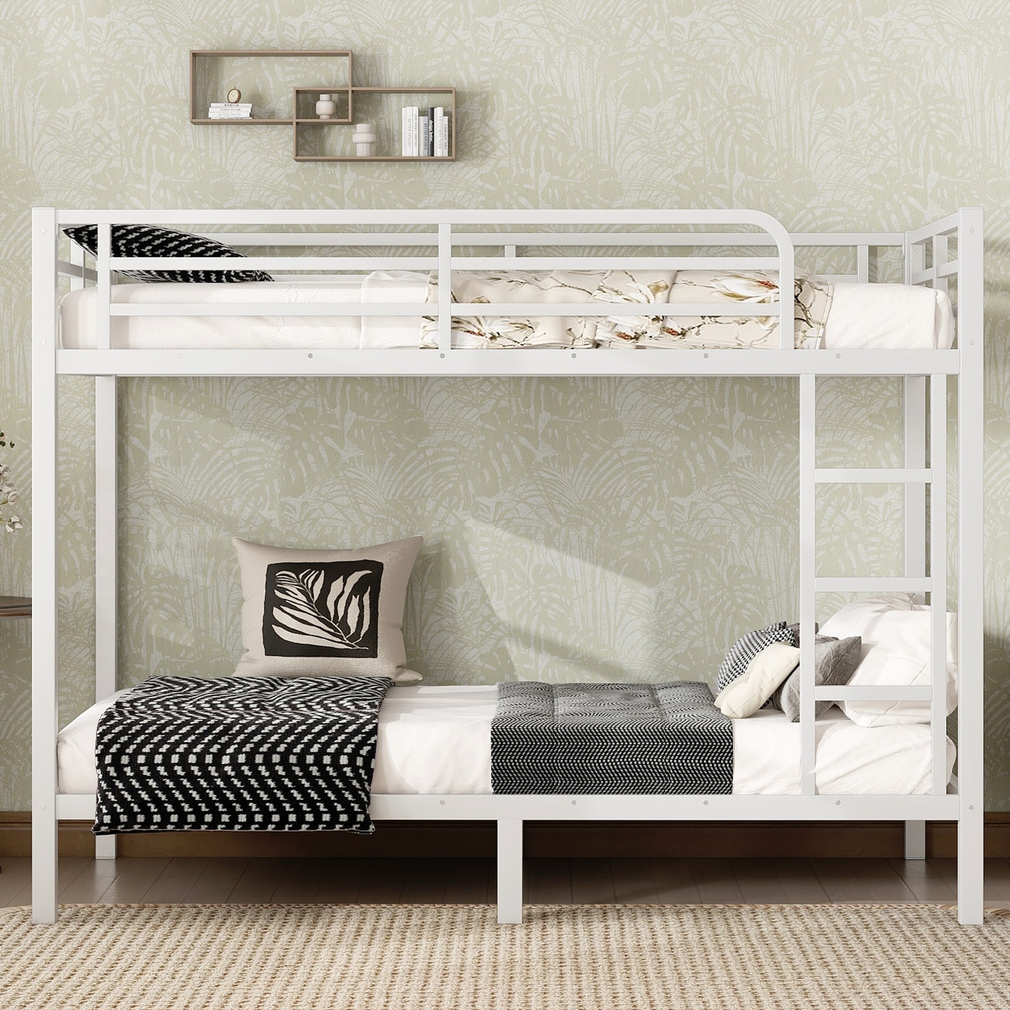 Roomfitters Twin XL-Over-Twin XL Metal Bunk Bed, Safety Guardrails & Reinforced Ladder, Off-White Heavy Duty Bed Frame For Teens