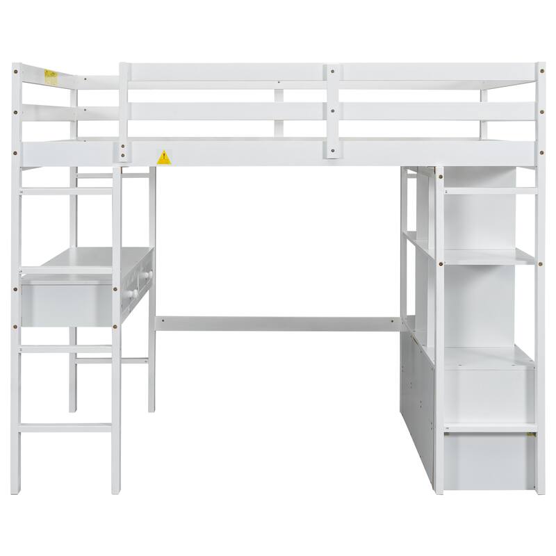 Full Size White Loft Bed with Desk Drawers Shelves Pine