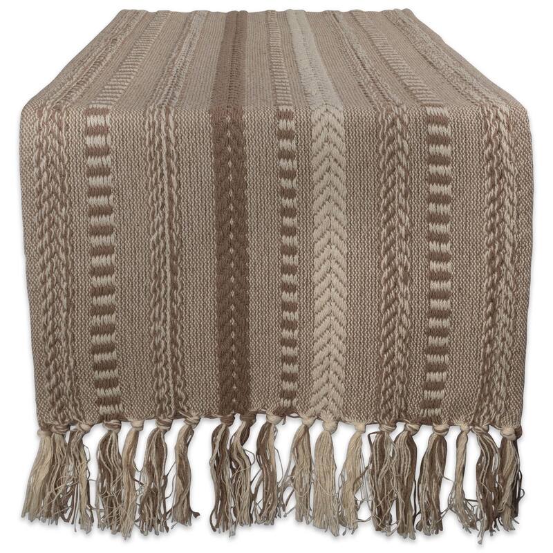 Braided Stripes Cotton Table Runner with Knotted Fringe - 108" - Brown and Beige