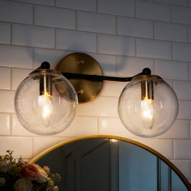 Modern 2/3 Light Black Gold Bathroom Vanity Lights Over Mirror Dual Globe Seeded Glass Wall Sconces Fixture for Bathroom - 2-Light